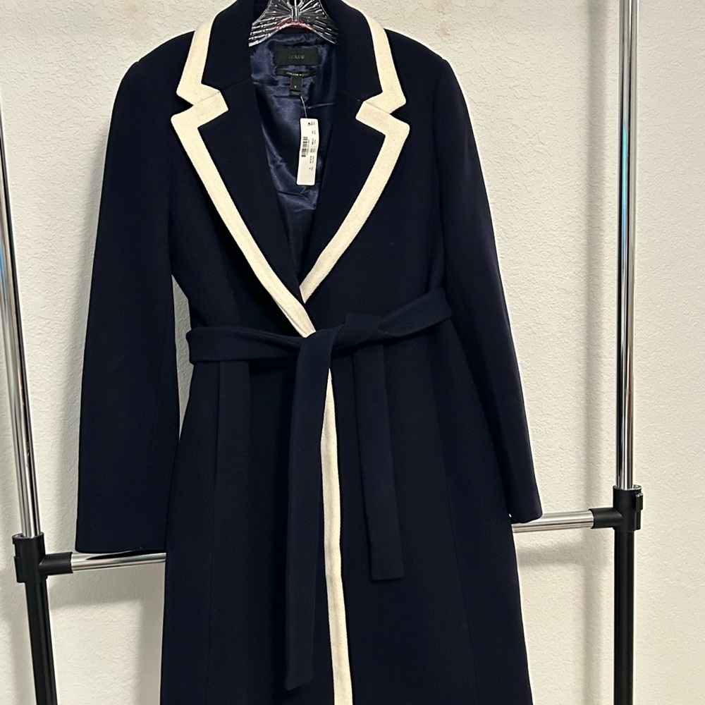J. Crew Italian Wool Navy Trench Coat with Cream Accents NWT